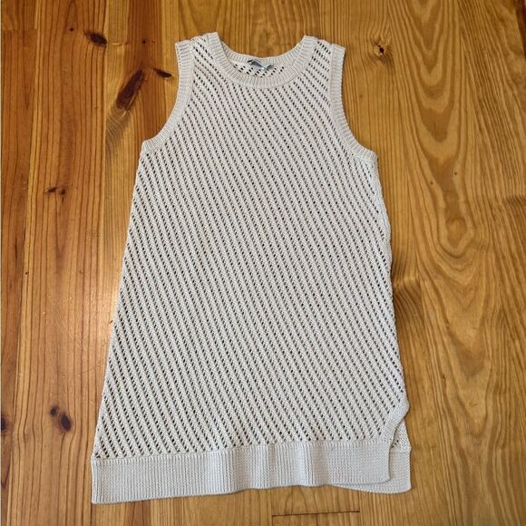 Vince Sweater Womens Small Open Knit Tunic Crochet Oatmeal Side Slit - Picture 4 of 10